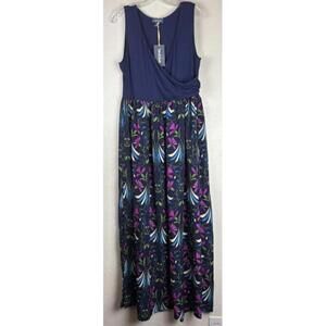 NEW ModCloth Sleeveless Crossover Blue Floral Maxi Dress Size XL Stretch 1285
